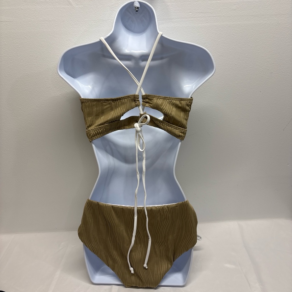 Brown Bikini Set two piece swimsuit size XXL (2XL)White Strims ribbed cross - Picture 3 of 7